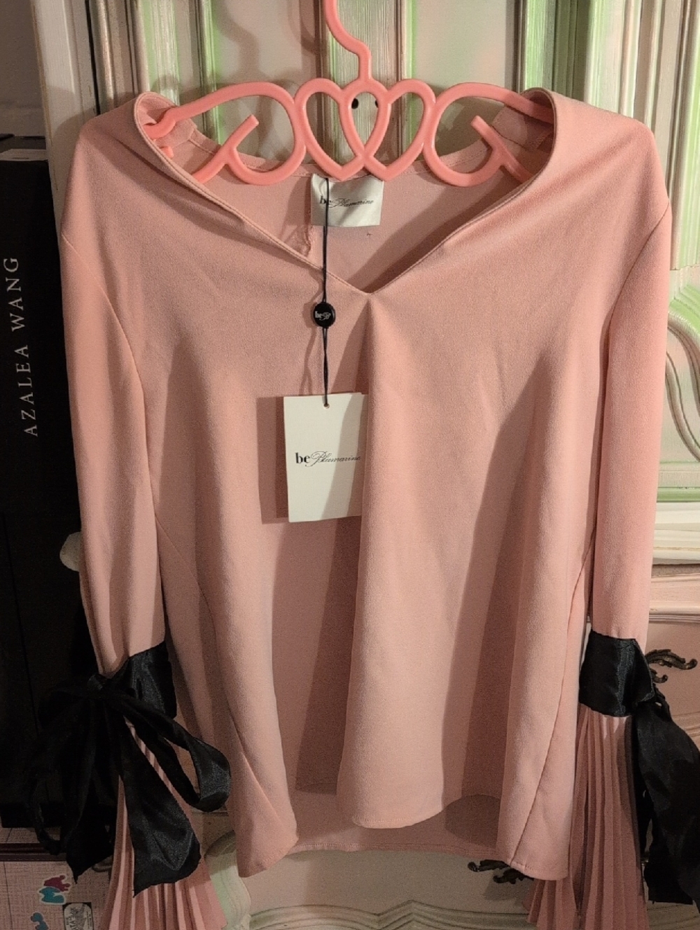 beBlumarine Pink Long Sleeve Top with Black Ribbon Cuffs